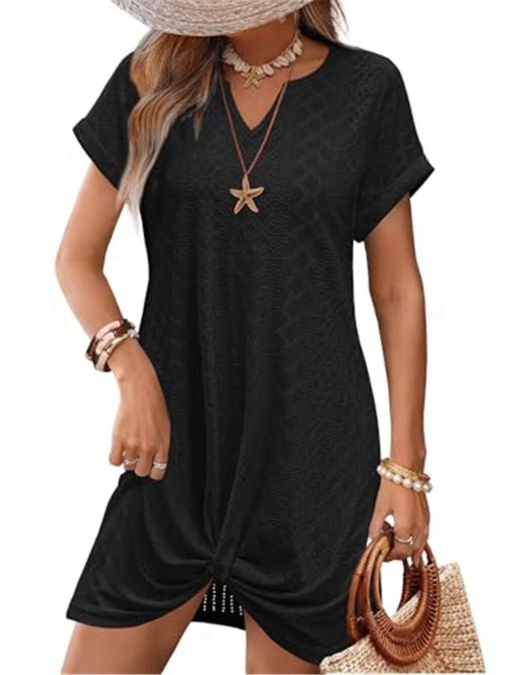 RUMIA Black Twist Hem Swim Cover Up Eyelet Short Sleeve Beach Dress